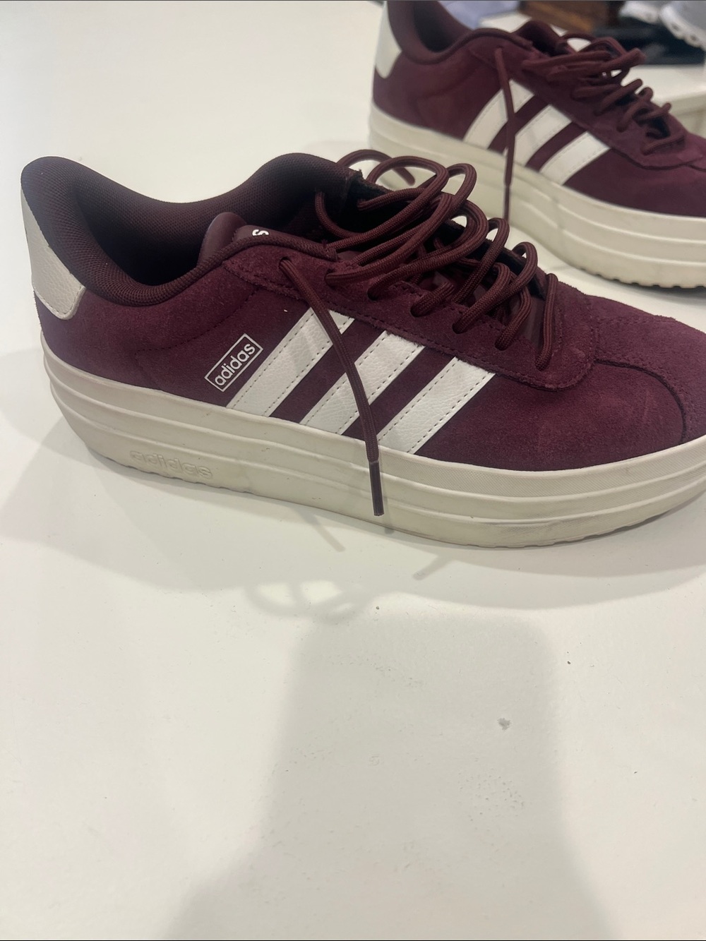 adidas Women’s Burgundy Suede Sneakers with White Stripes - Picture 2 of 5